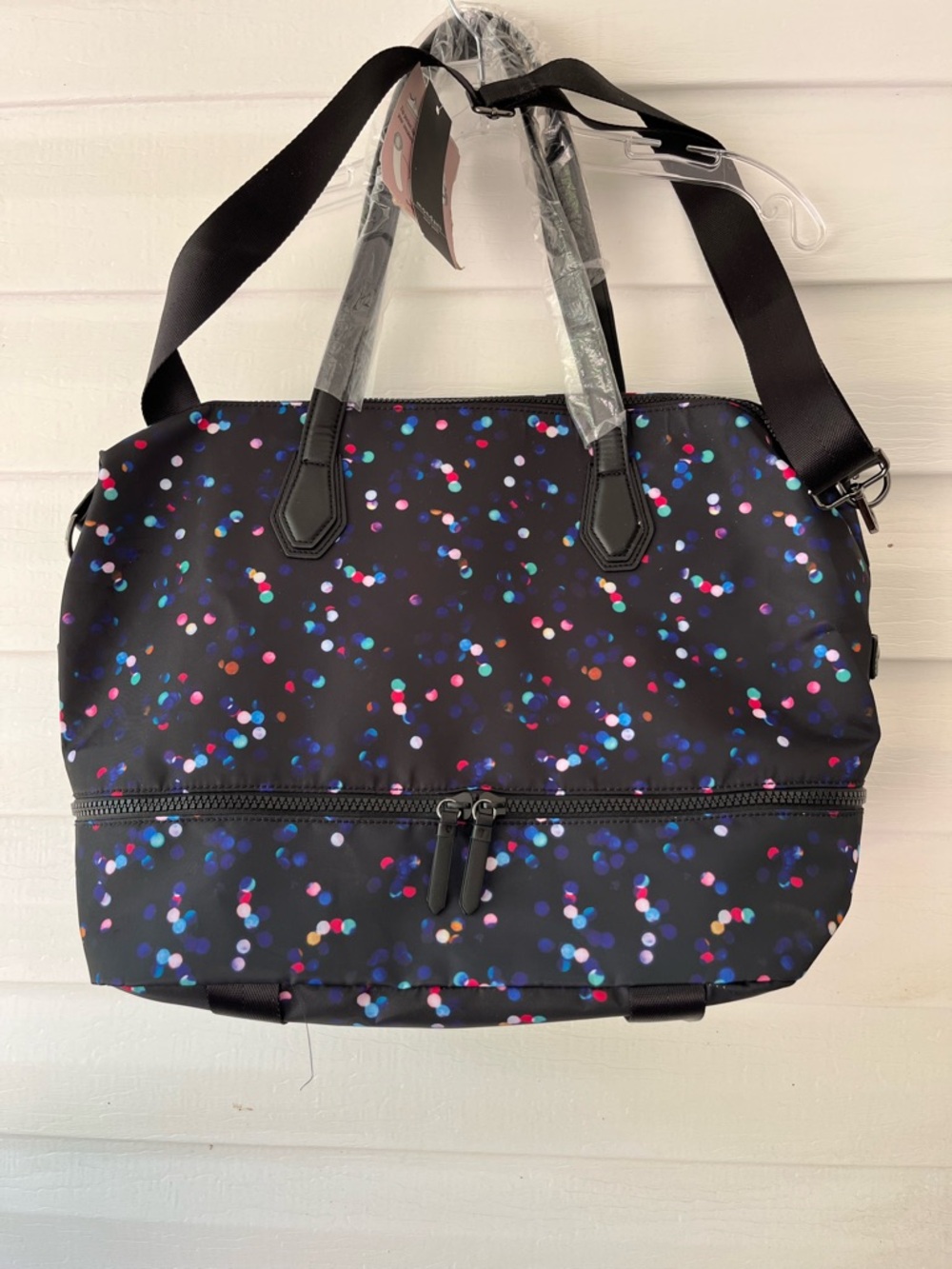 🆕. Women's Black Confetti Print Tote Bag Adjustable Black Strap . est 16 x 14